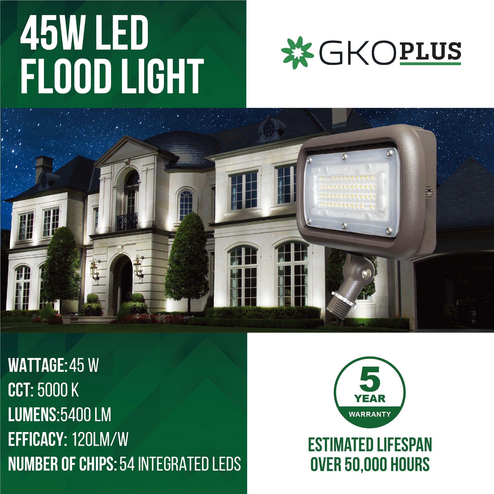 45W Security LED Flood Light 120 277V AC IP66 Waterproof UL