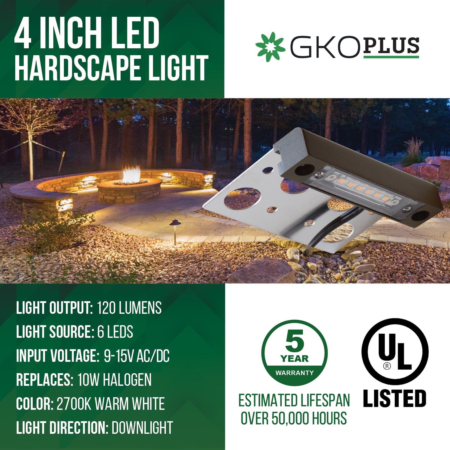 Low Voltage 4" Hardscape Light, 9-15V AC/DC, 2W, 2700K, UL Listed