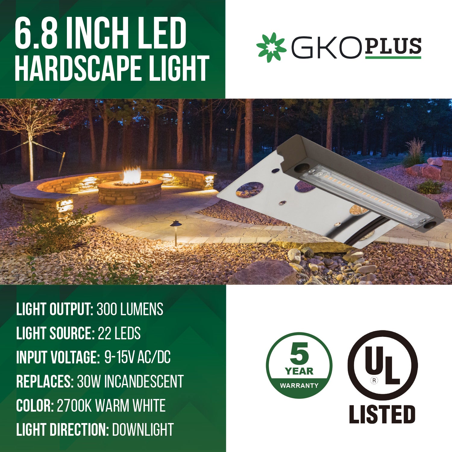 Low Voltage 6.8" Hardscape Light, 9-15V AC/DC, 4W, 2700K, UL Listed