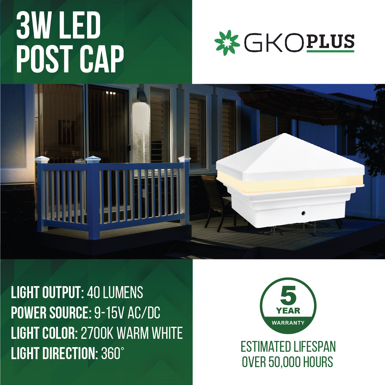 Low Voltage Pyramid Post Cap Lights,  9-15V AC/DC, 3W, 40 LM, 2700K, IP65, White