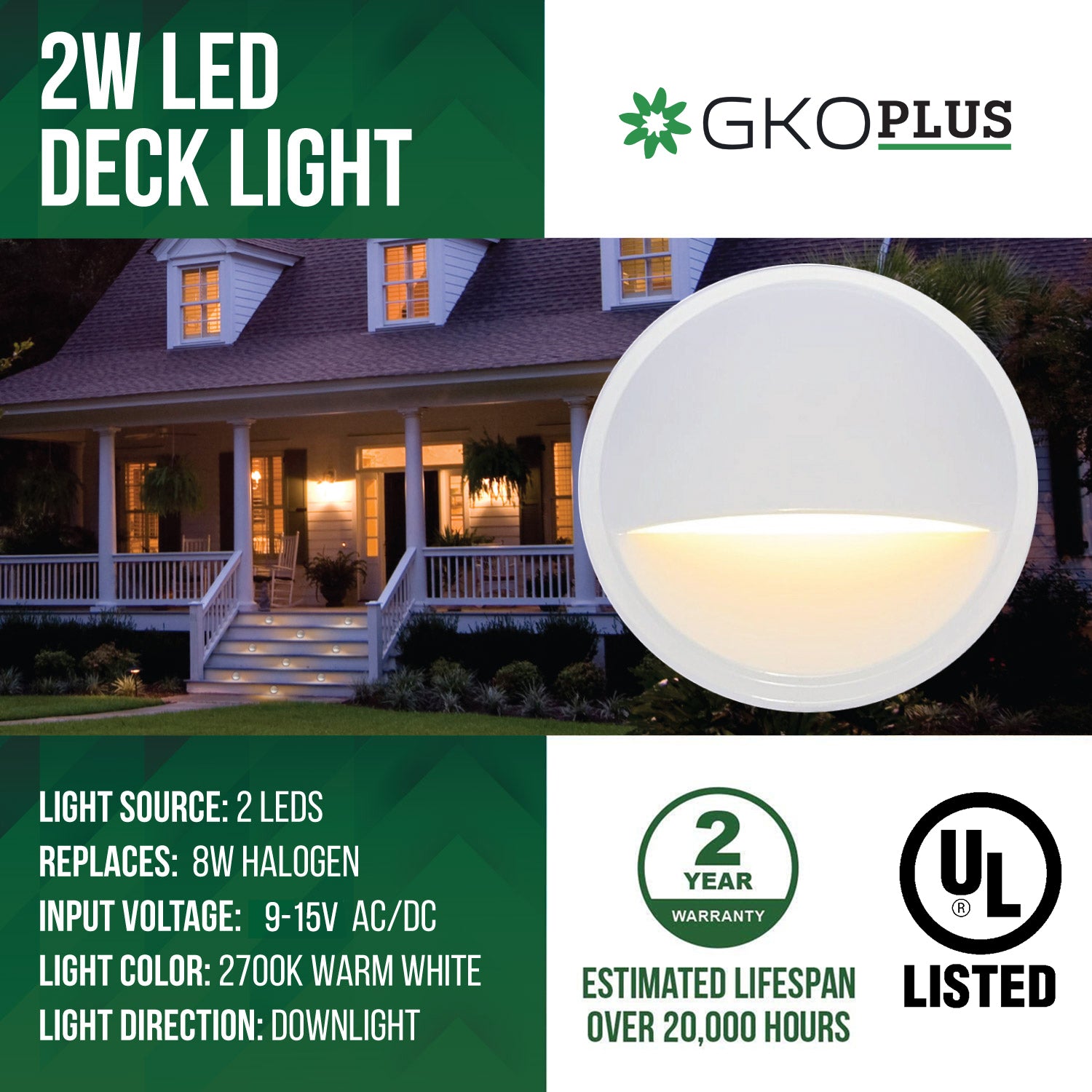 Low Voltage Eyelid Deck Light with 2W Integrated LED Chips, 12V AC/DC, White, Φ3.35" X H1.23"