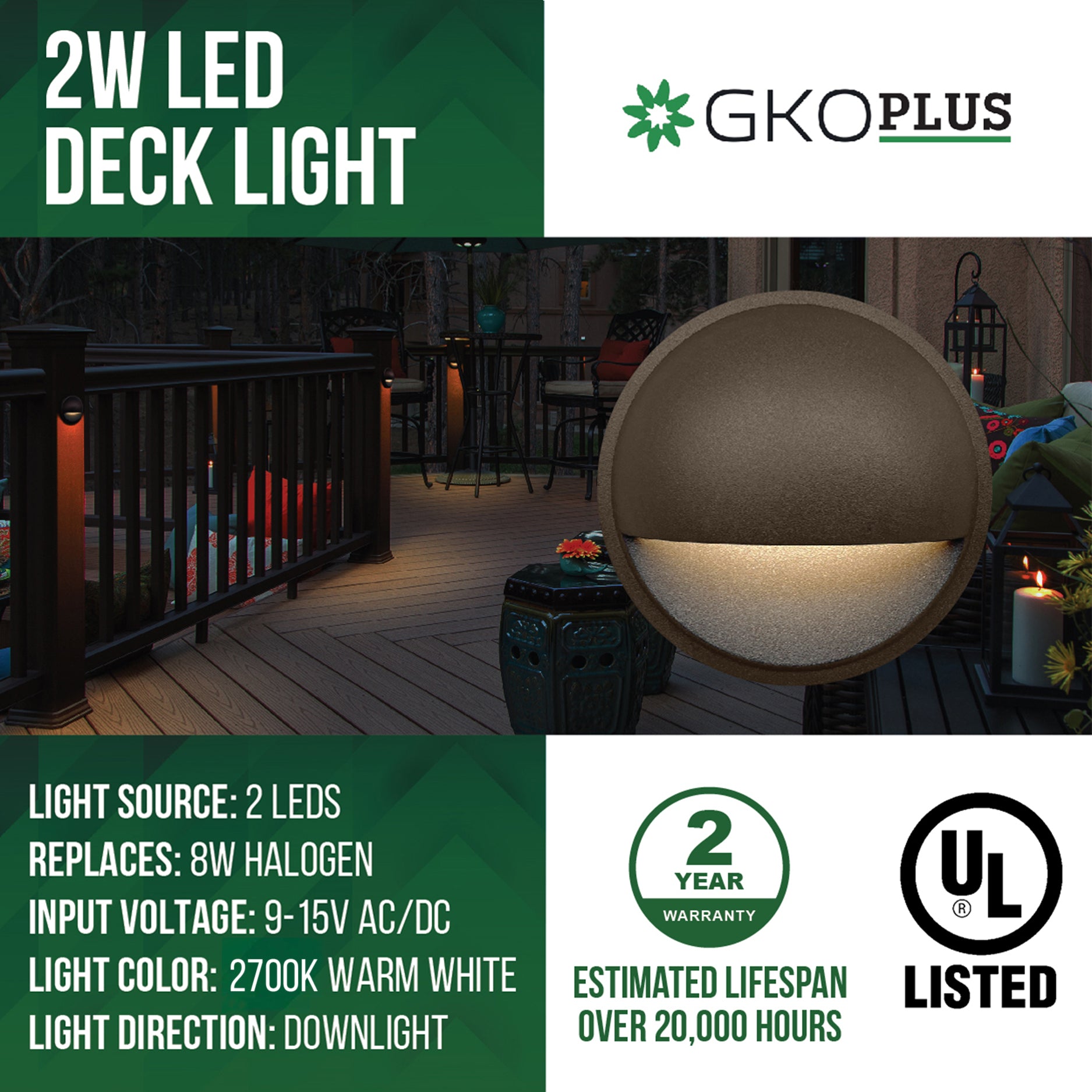 Low Voltage Eyelid Deck Light with 2W Integrated LED Chips, 9-15V AC/DC, Dark Brown, Φ3.35" X H1.23"