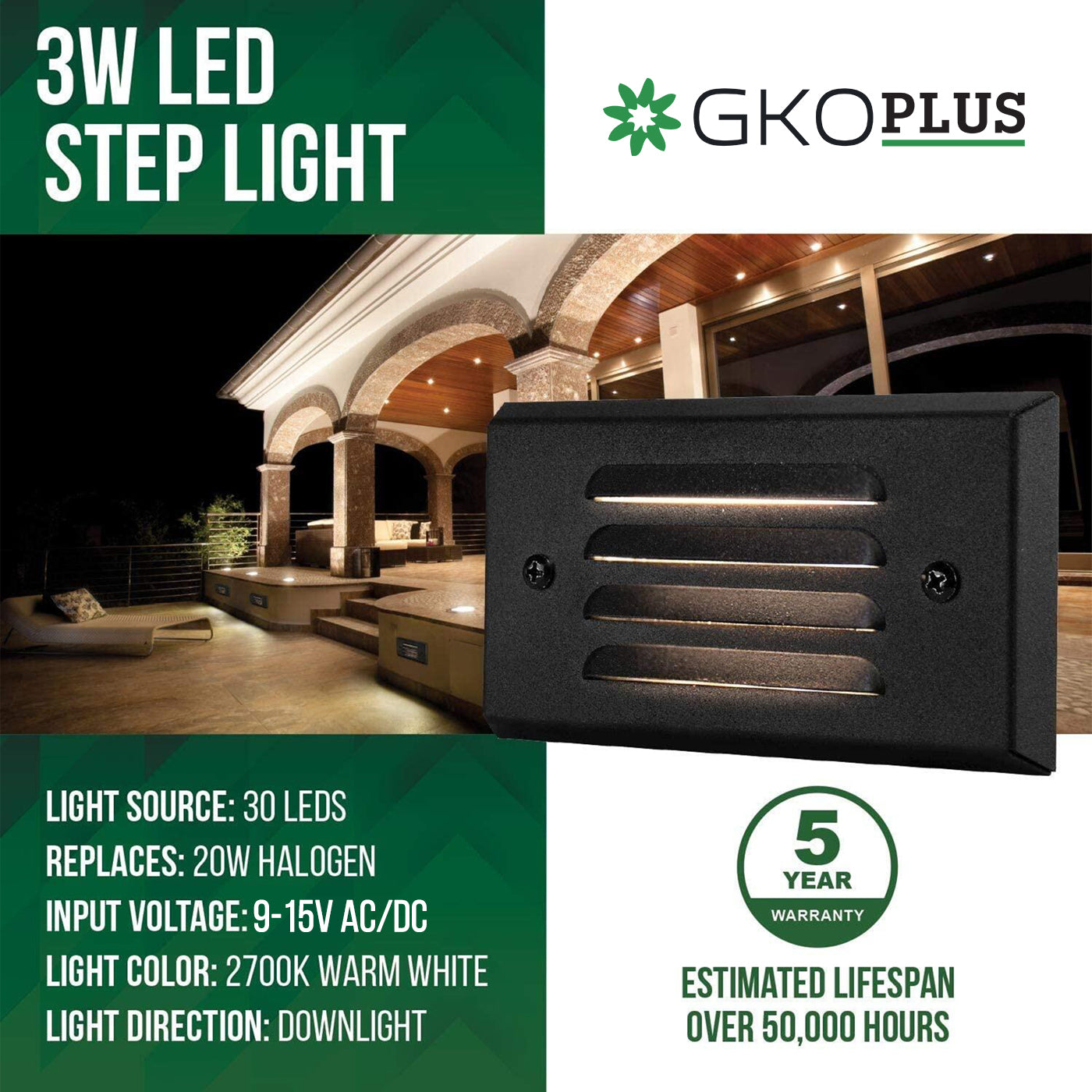 Low Voltage Louvered Step Light, 9-15V AC/DC, 3W, IP65, 5.39" x 2.87" x 0.55", Black