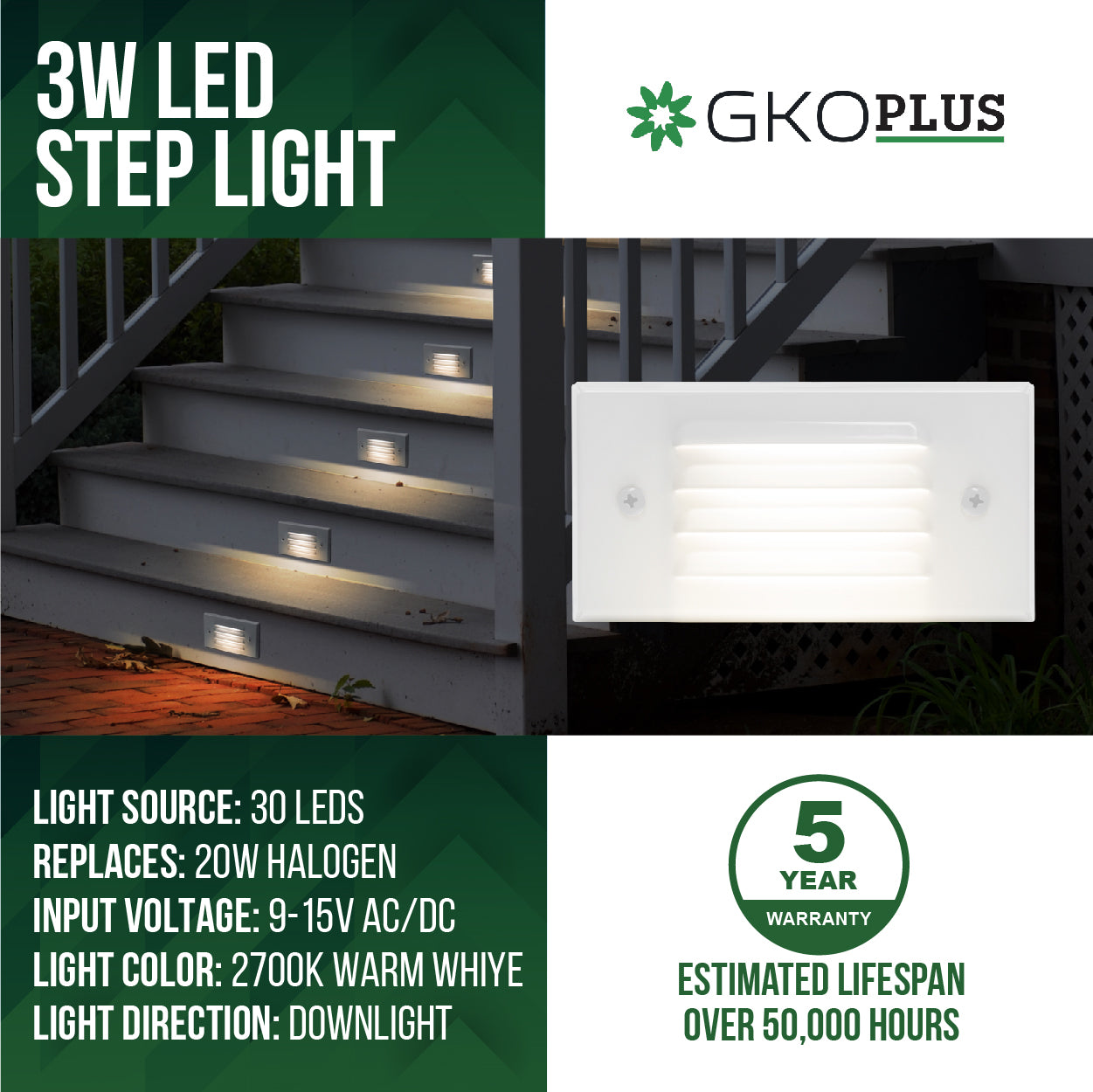 Low Voltage Louvered Step Light, 4W 12V Surface Mount, IP65, 9.37 x 2.87  x 0.55