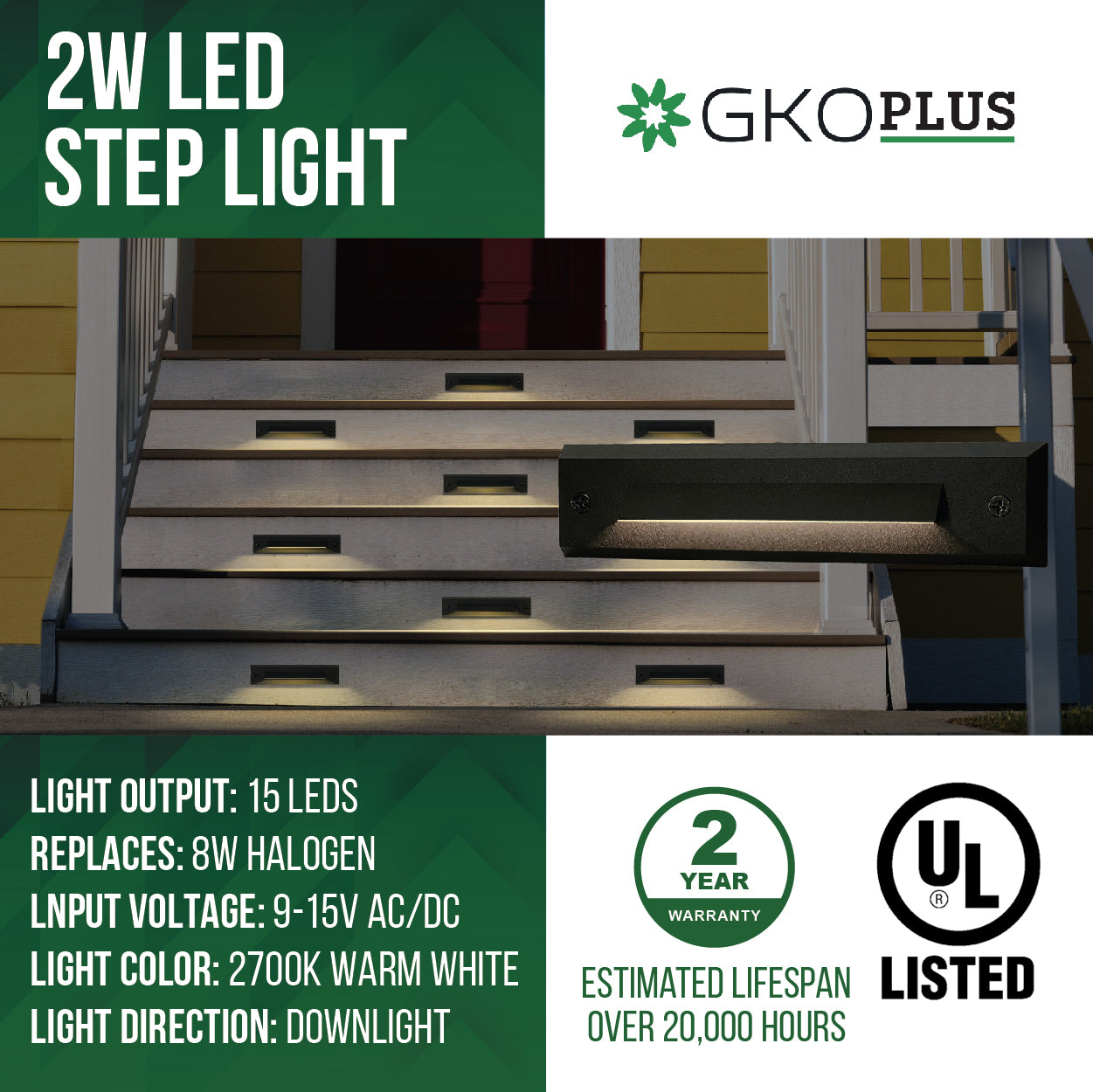 Low Voltage Linear Step Light, 9-15V AC/DC, 2W, 2700K, Black, ‎7.36" x 1.70" x 0.52"