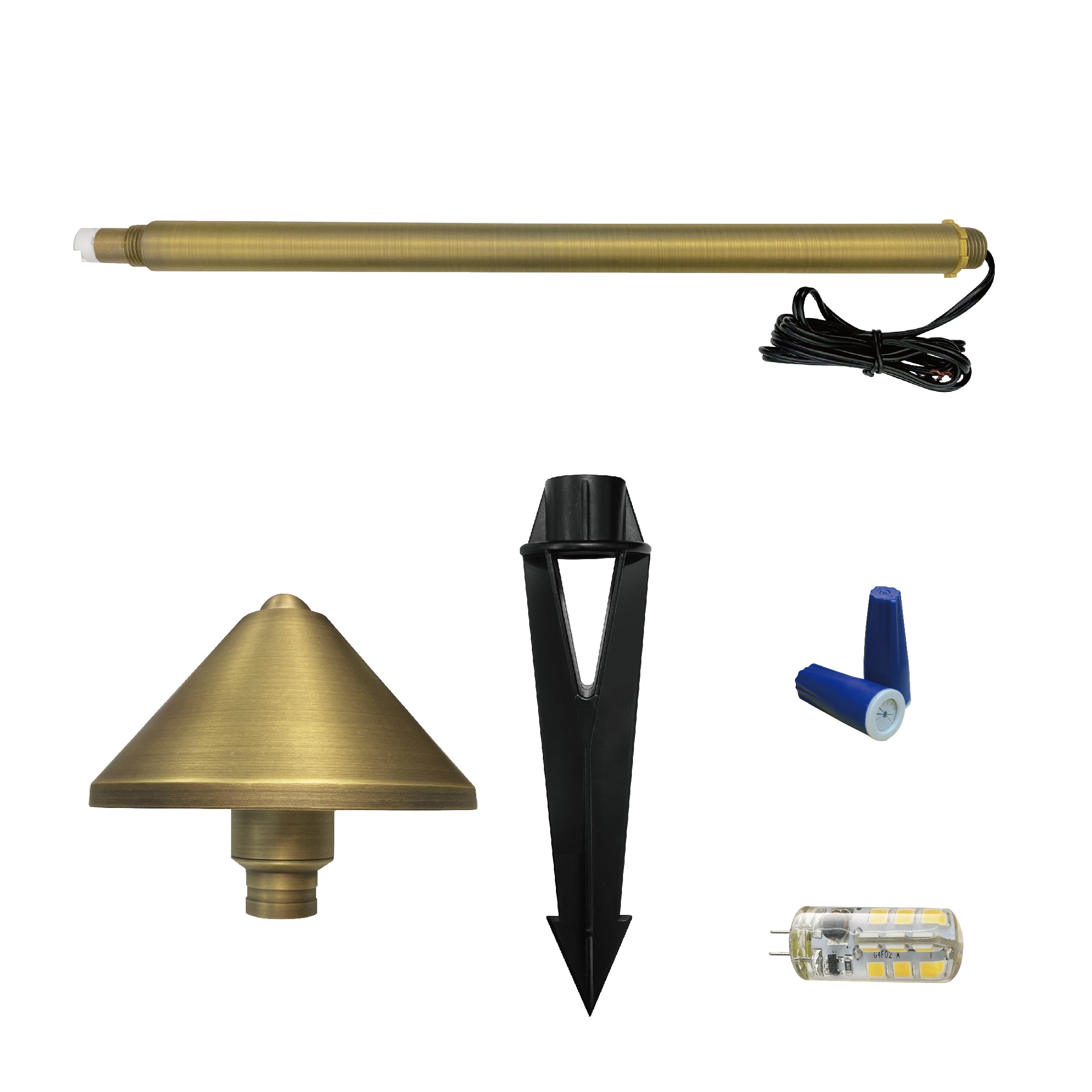 Low Voltage Solid Brass Conehead Path Light (5" Shade, 20" Tall), 3W, 12V AC/DC, IP65 Waterproof, 2700K