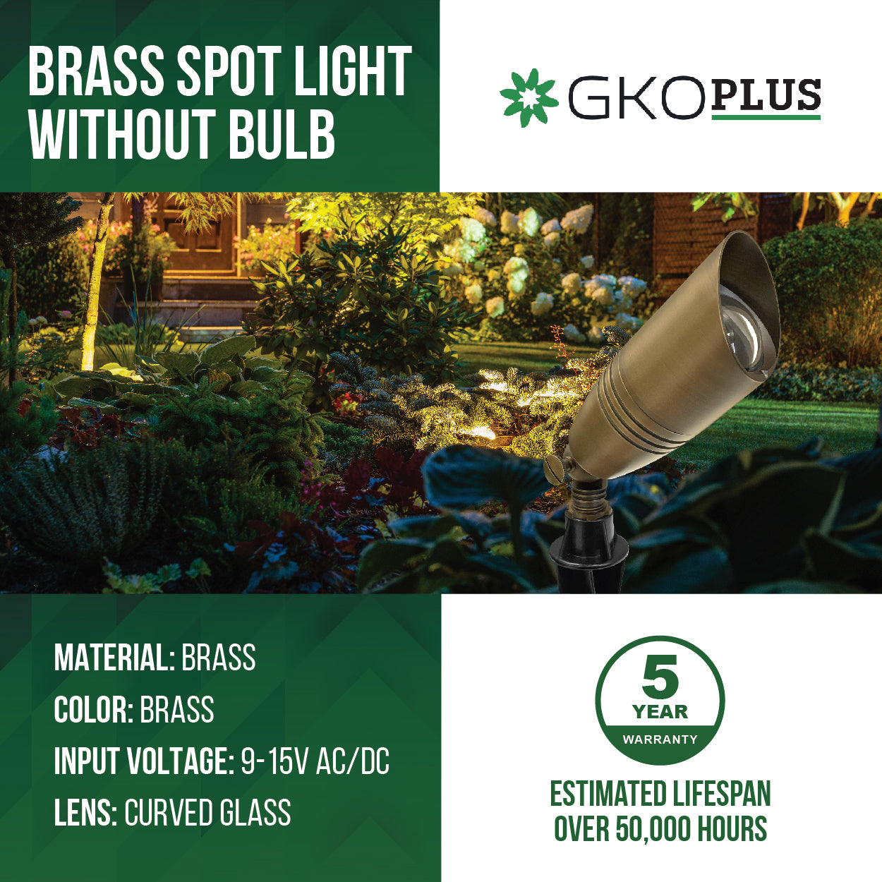 Low Voltage Brass Landscape Spotlight, 12V AC/DC (Without Bulb)