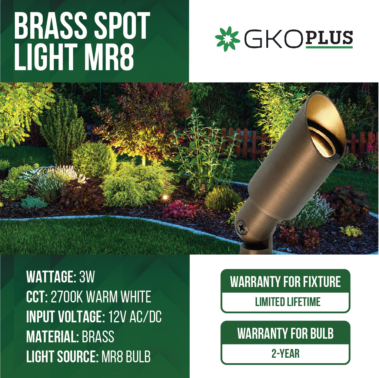 Low Voltage Mini Size Brass Landscape Spotlight, 12V AC/DC, 3W, 2700K —  GKOPLUS