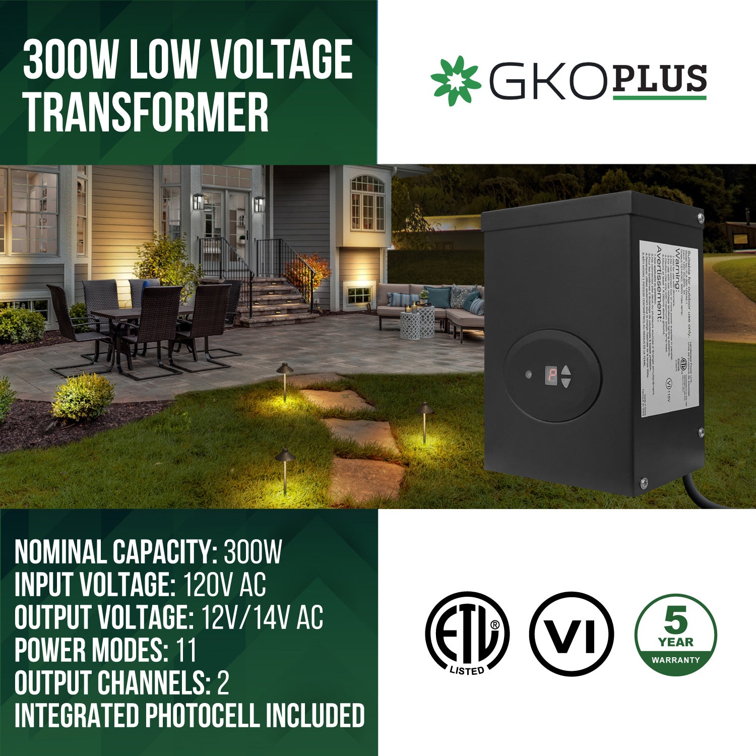60W Outdoor Low Voltage Transformer with Timer and Photo Sensor, 120V AC to  12V AC Power Supply, Suitable for 12V Exterior Garden Landscape Lighting