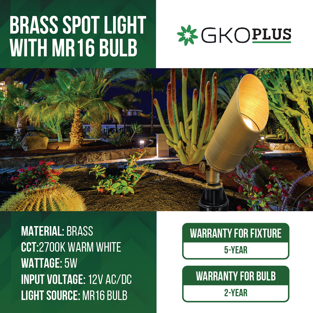 Low Voltage Adjustable Brass Landscape Spotlight, 5W, 12V AC/DC (MR16)