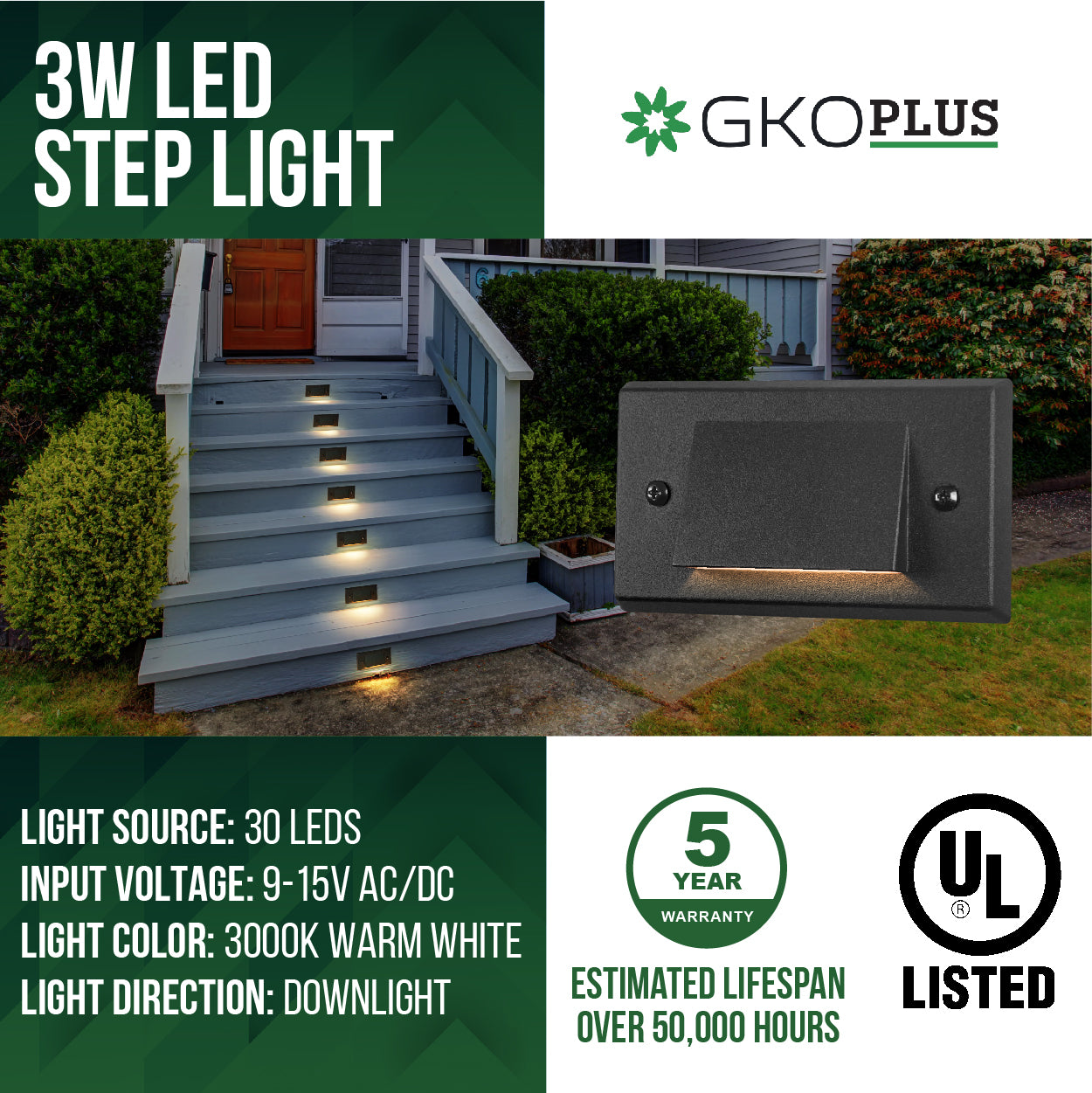 Low Voltage Cutoff Step Light, 9-15V AC/DC, 3W, IP65, 5.39" x 2.87" x 0.98"