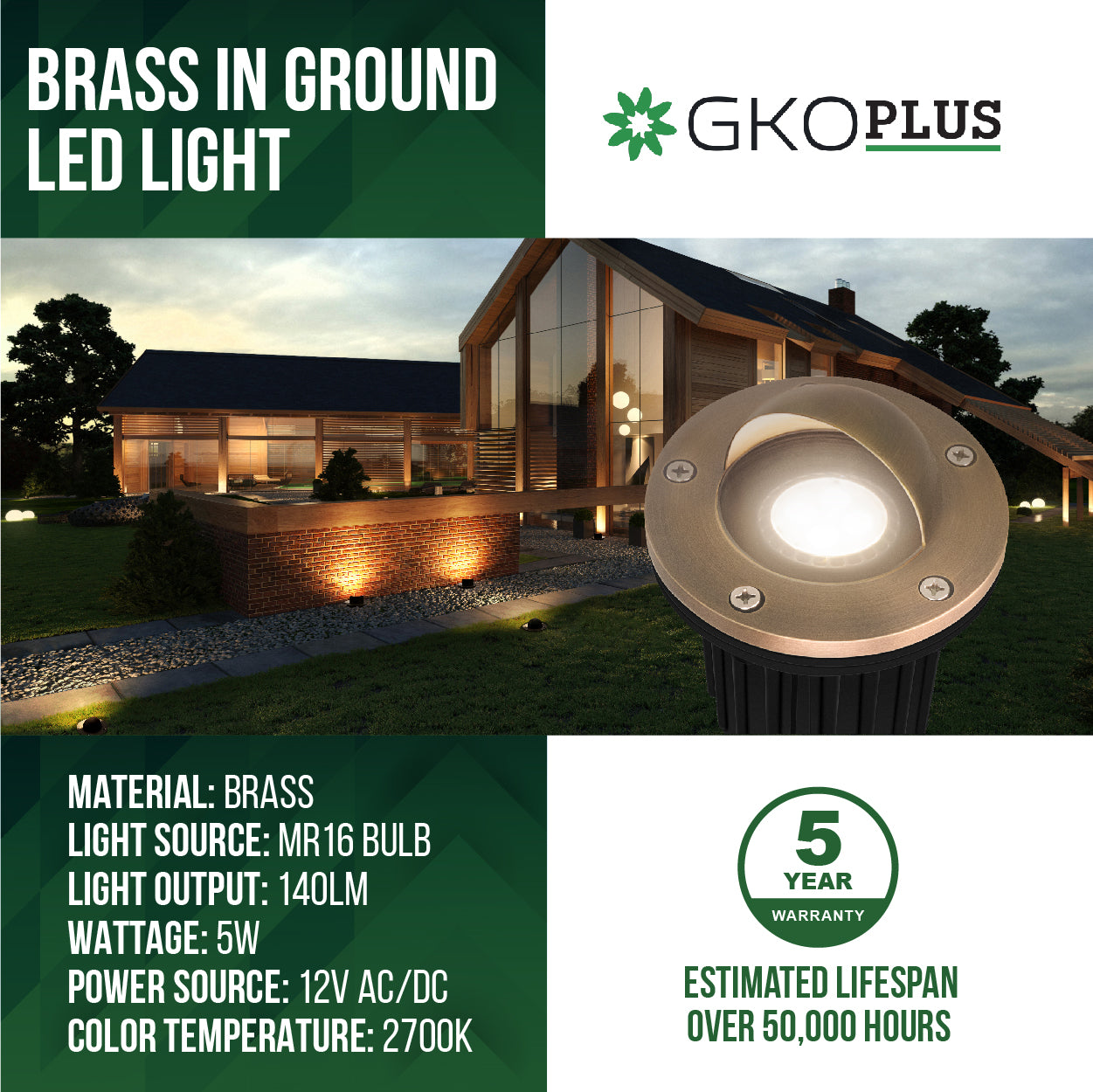 Low Voltage Brass Beacon Top Well Light, 12V AC/DC, 5W, IP67 Rated, 140Lm, 2700K (MR16)